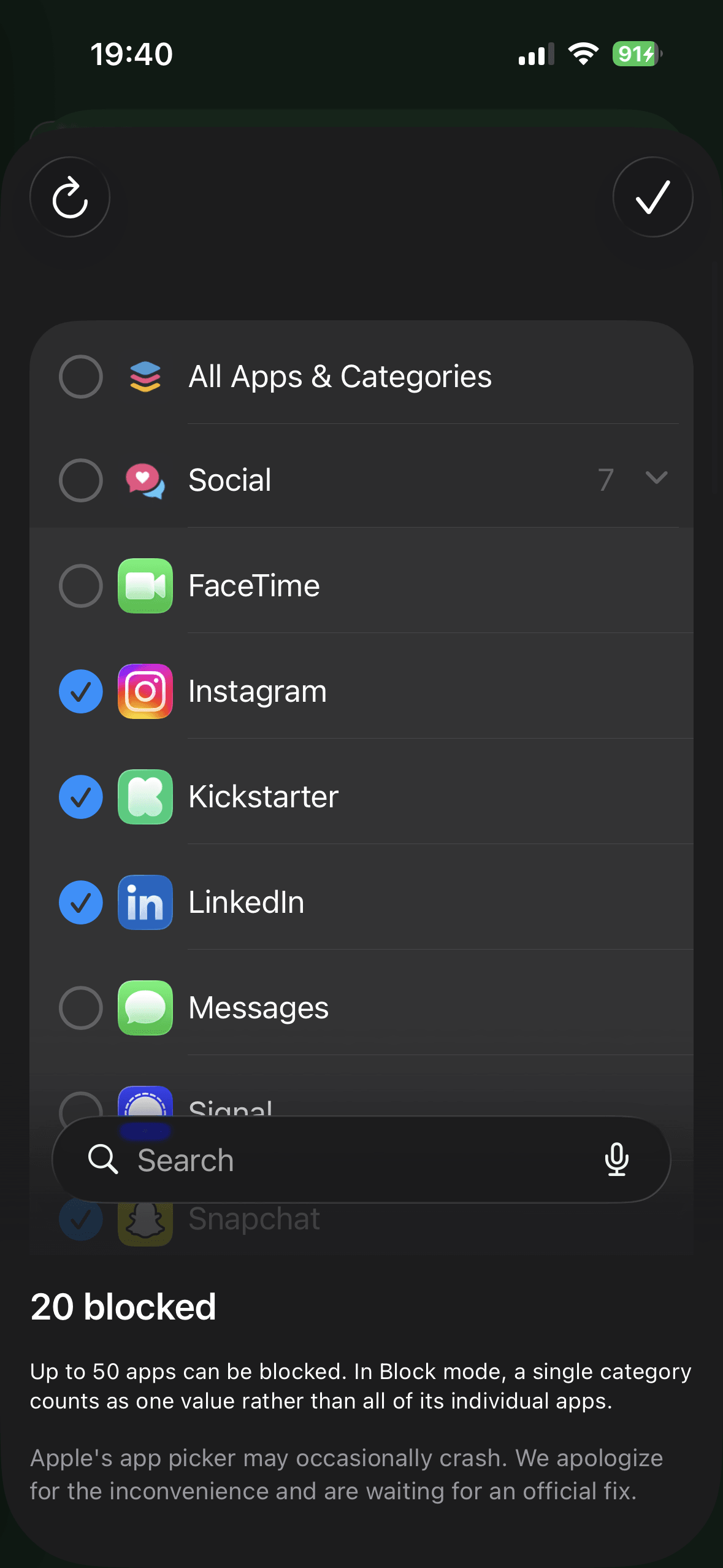 Selecting which apps to block in the cura app
