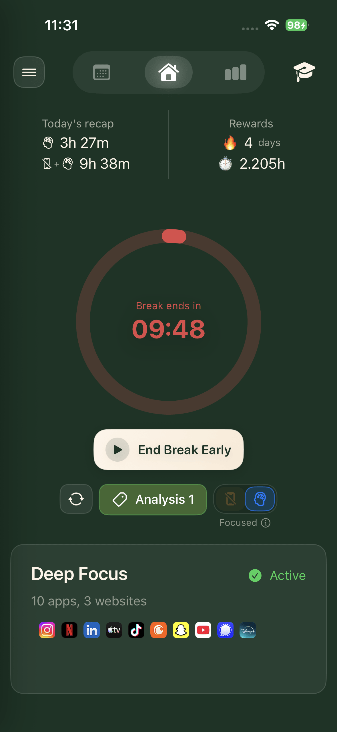 A break running in the cura app, counting down with the option to end it early