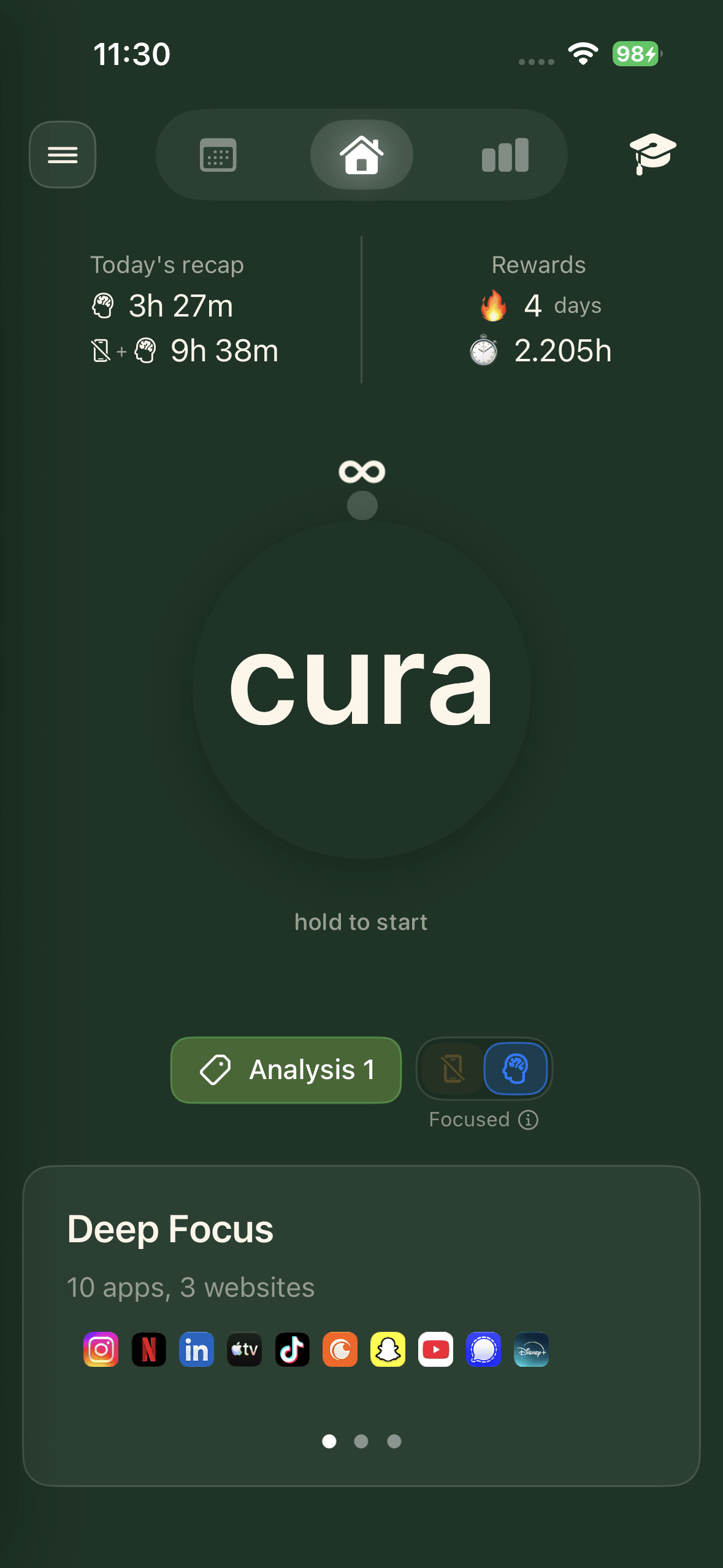 The cura app home screen, showing the cura logo and a hold to start prompt