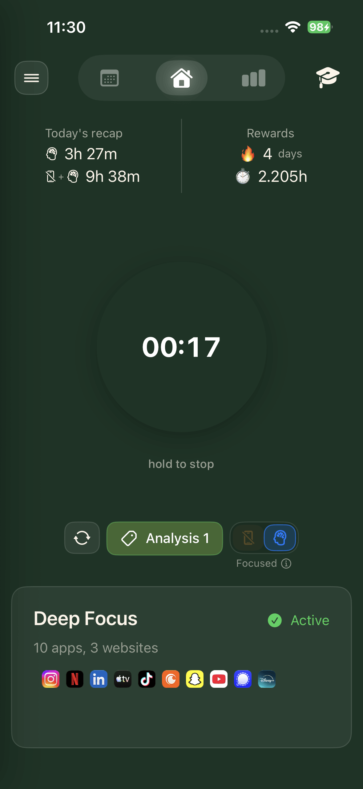 A stopwatch focus session running in the cura app